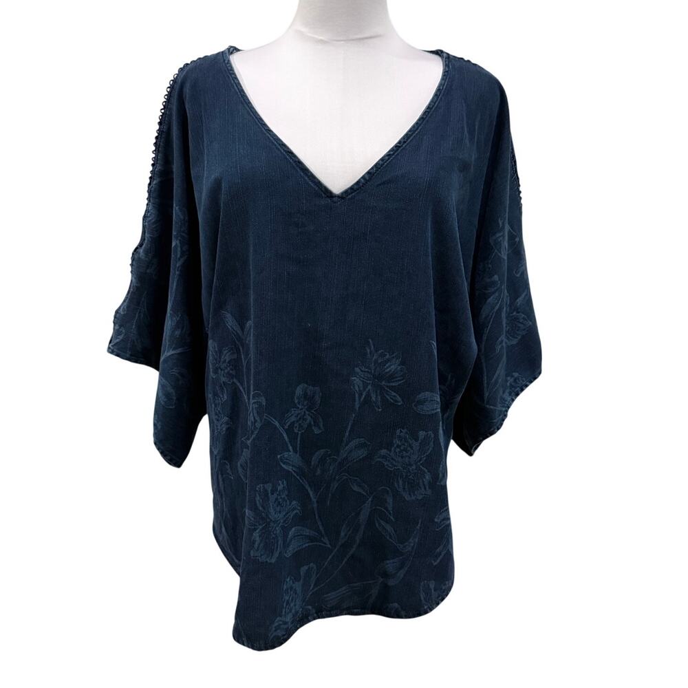 WHBM Blue Denim Floral Blouse Flowy V Neck Boho Top Large Wide Sleeve Resort